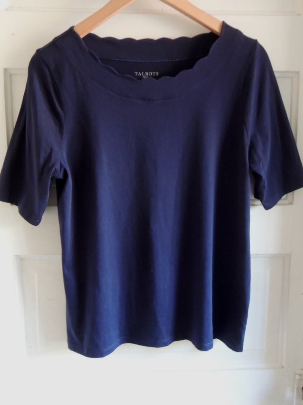 Talbots Navy Blue Pima Cotton Scalloped Tee LP